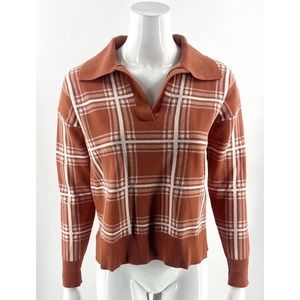 Max Studio Sweater Size Medium Burnt Orange White Plaid Collared Pullover Womens